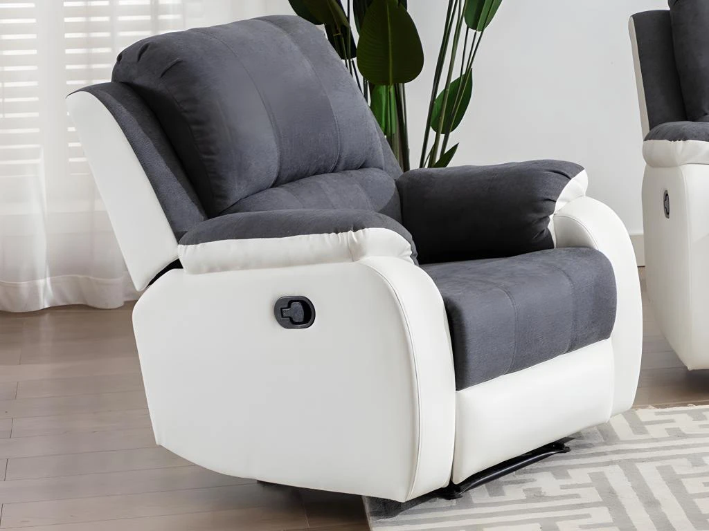Fauteuil Relax En Microfibre Et Simili Gris Et Blanc BRODY