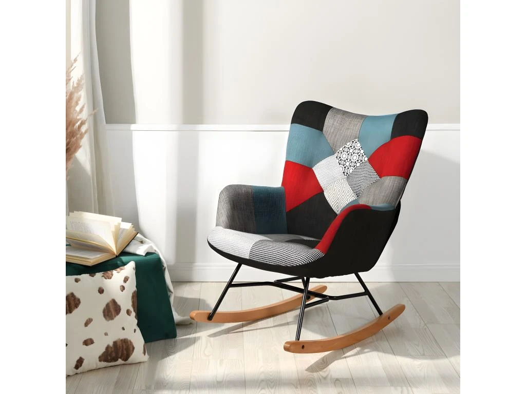 Fauteuil à Bascule Allaitement Scandinave Chaise Loisir Et Repos En Tissu Patchwork Avec Pieds En E' Bois Métal Pour Salon, Chambre, Le Balcon – Image 2