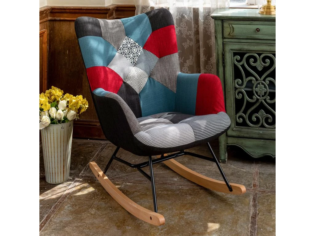 Fauteuil à Bascule Allaitement Scandinave Chaise Loisir Et Repos En Tissu Patchwork Avec Pieds En E' Bois Métal Pour Salon, Chambre, Le Balcon – Image 3