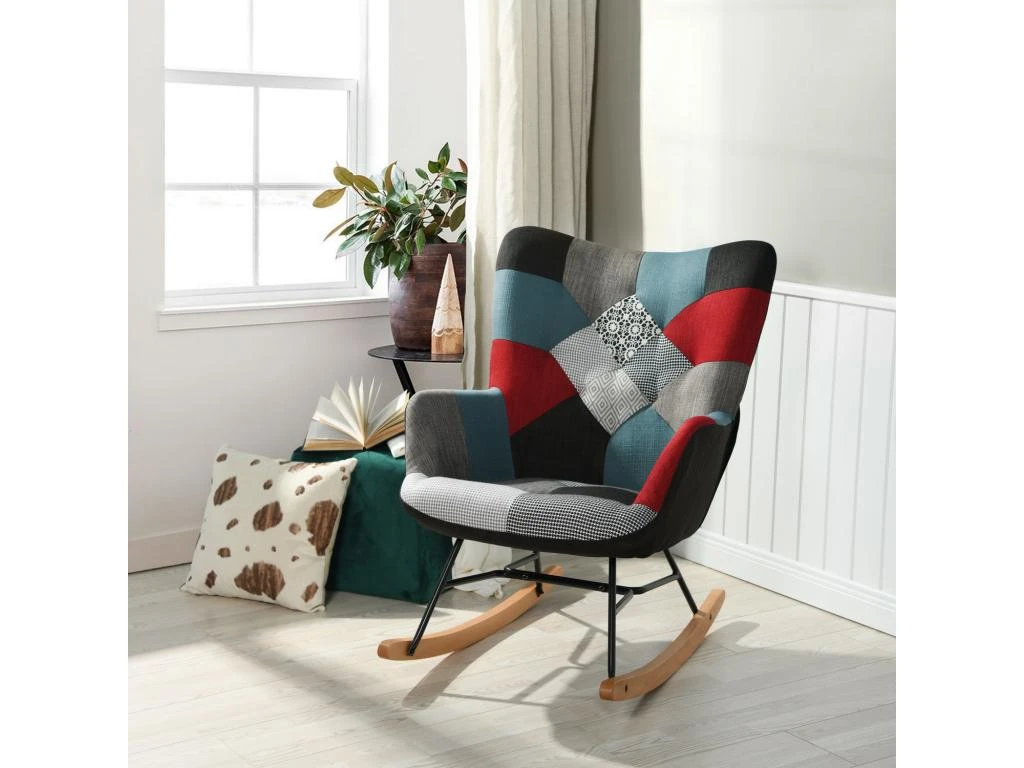 Fauteuil à Bascule Allaitement Scandinave Chaise Loisir Et Repos En Tissu Patchwork Avec Pieds En E' Bois Métal Pour Salon, Chambre, Le Balcon – Image 4