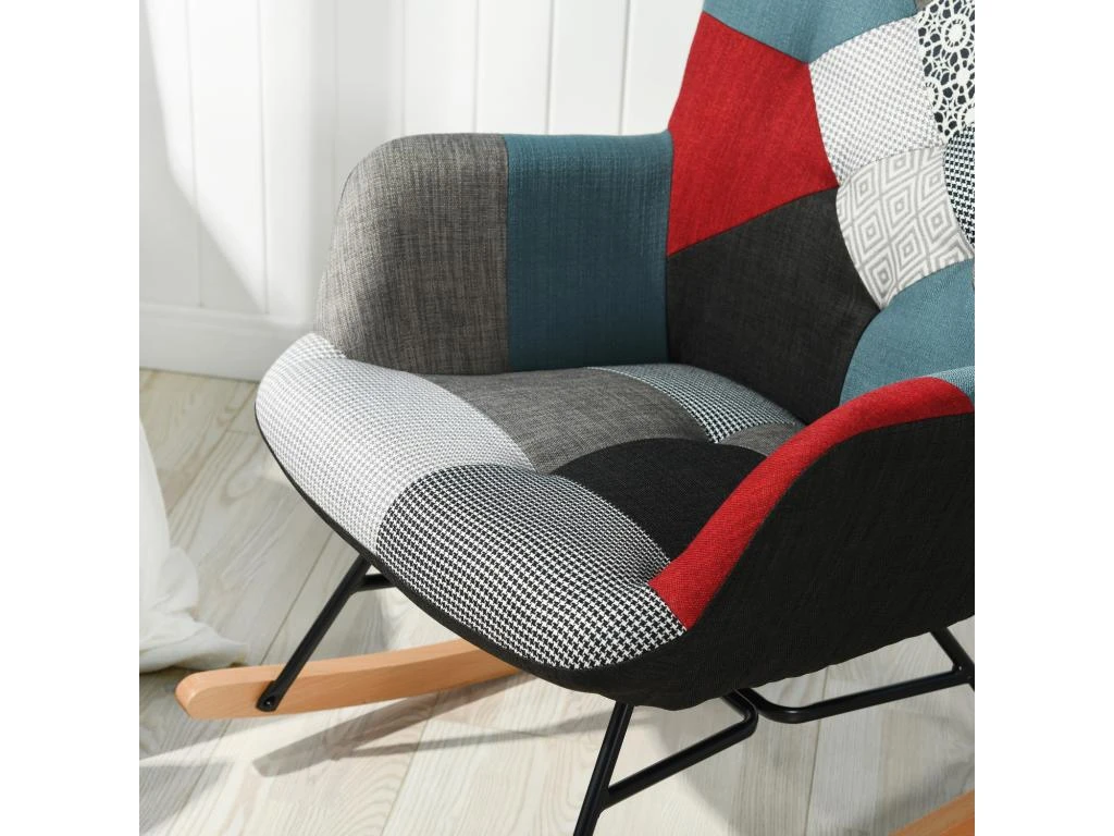 Fauteuil à Bascule Allaitement Scandinave Chaise Loisir Et Repos En Tissu Patchwork Avec Pieds En E' Bois Métal Pour Salon, Chambre, Le Balcon – Image 5