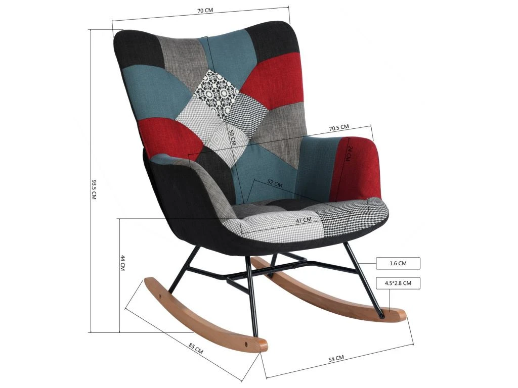 Fauteuil à Bascule Allaitement Scandinave Chaise Loisir Et Repos En Tissu Patchwork Avec Pieds En E' Bois Métal Pour Salon, Chambre, Le Balcon – Image 8