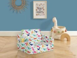 Fauteuil Chauffeuse Pour Enfant En Velours Blanc Motifs Dinosaures ALMAGRO