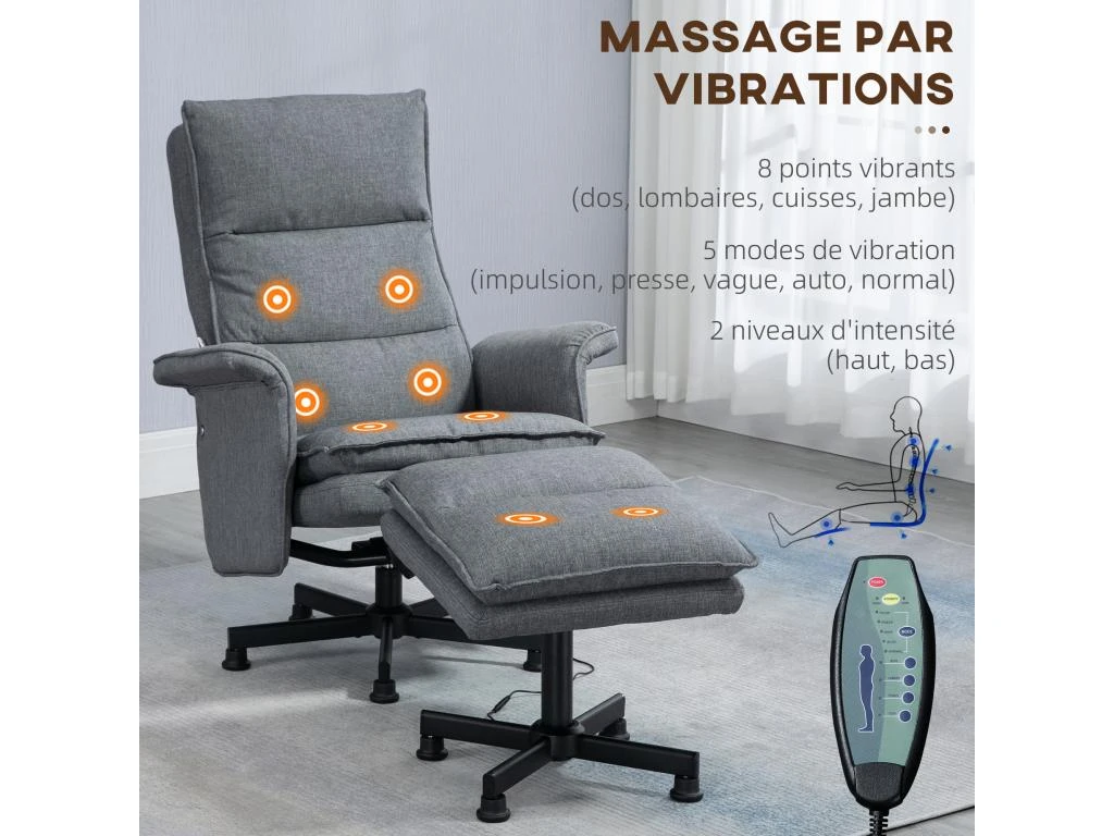 Fauteuil De Massage Avec Repose-pied - Style Néo-rétro - Châssis Acier Noir Aspect Lin Gris – Image 5