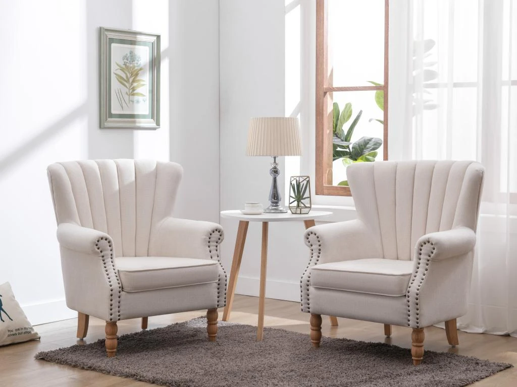Fauteuil En Tissu Crème Finition Cloutée BATOUMI – Image 2