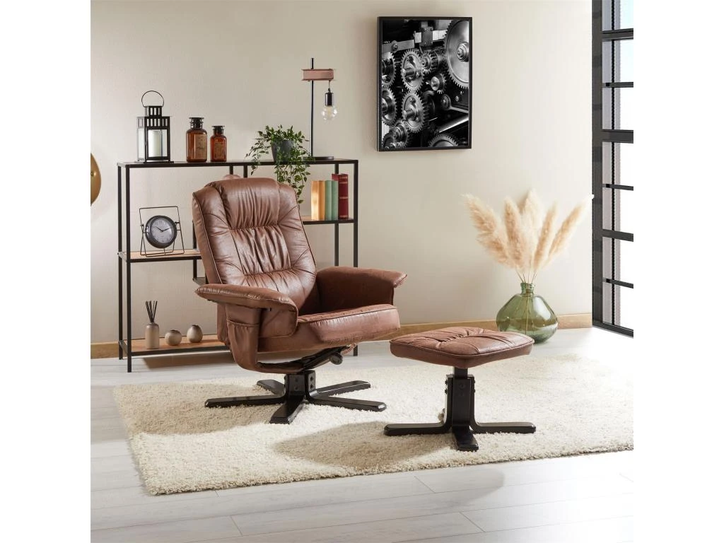 Fauteuil De Relaxation CHARLY Repose-pieds Siège Pivotant Dossier Inclinable Assise Rembourrée, En Tissu Vintage Brun Pieds Noirs – Image 2