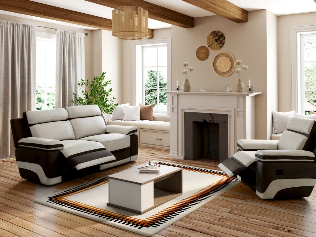 Fauteuil Relax En Microfibre Gris Clair Et Bandes Marrons TALCA