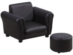 Ensemble Fauteuil Et Pouf Enfant Style Contemporain Structure Bois Revêtement Synthétique PVC Noir