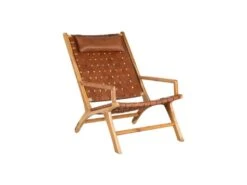 Fauteuil Teck/Cuir Tressé Cognac Avec Coussin - ESSAOUIRA