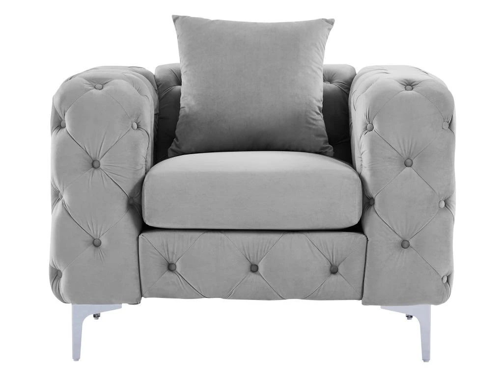 Fauteuil Chesterfield En Velours Gris Clair EDWINA – Image 3