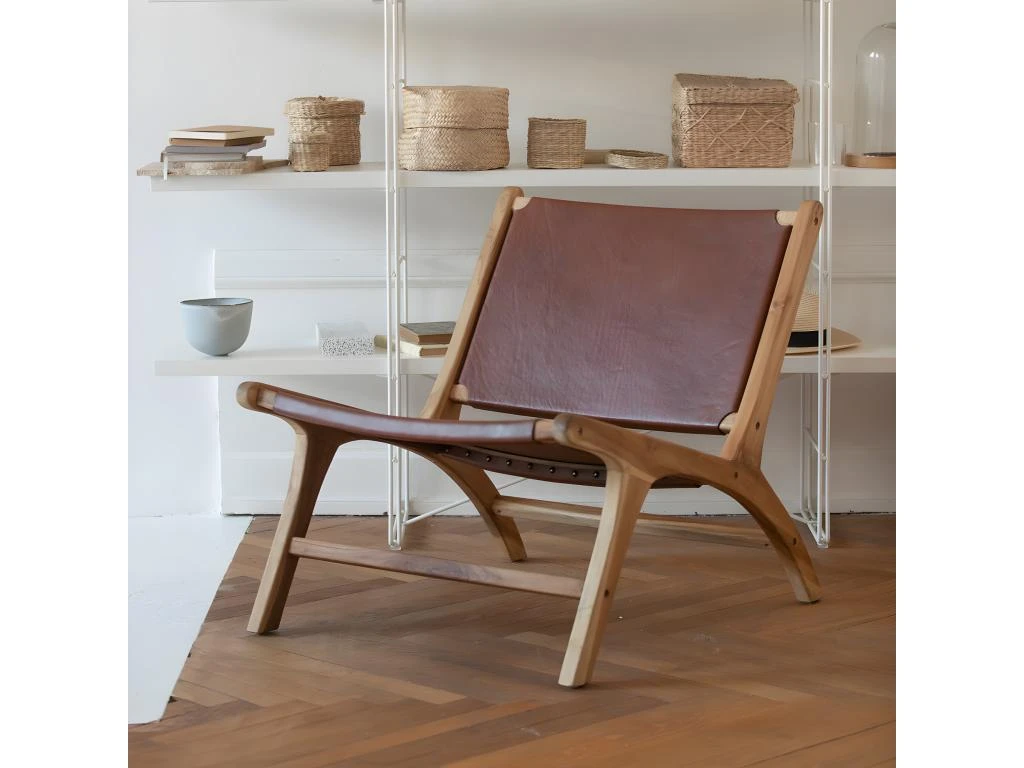 Fauteuil Kuna En Teck Et Cuir Lisse Marron â Image 2