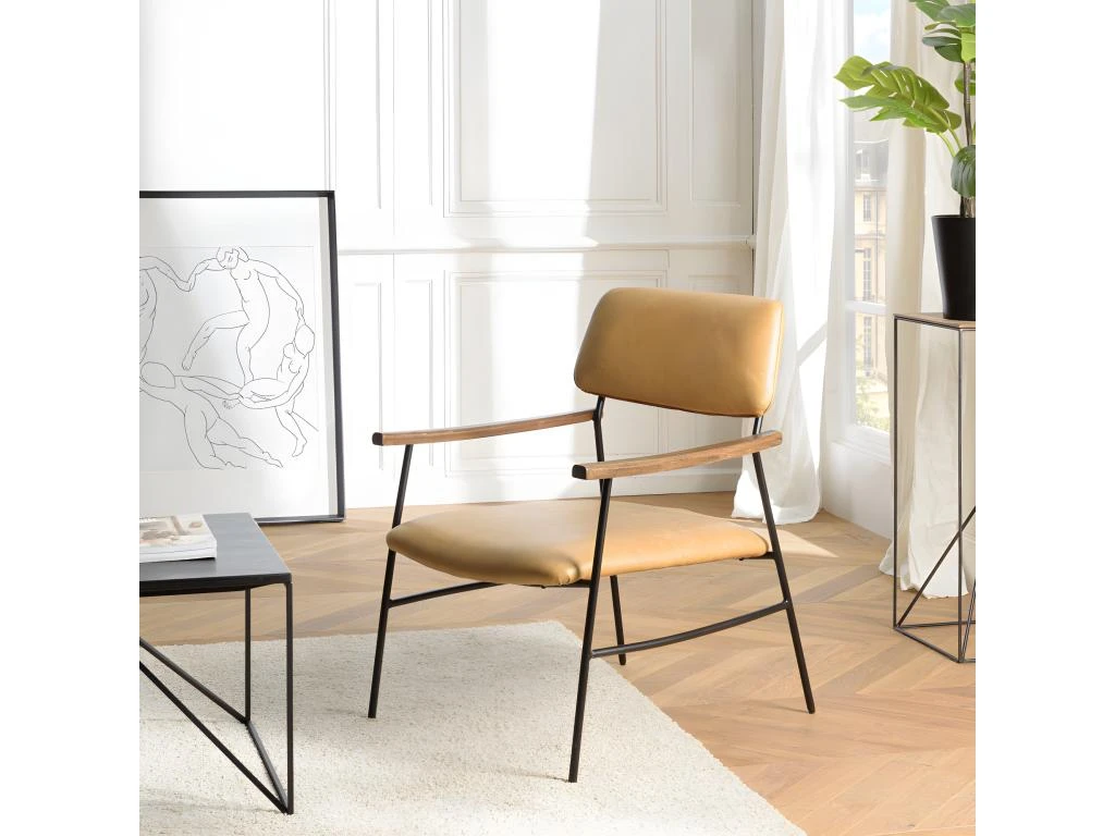 GASTON - Fauteuil Vintage Cuir Structure Métallique Noire