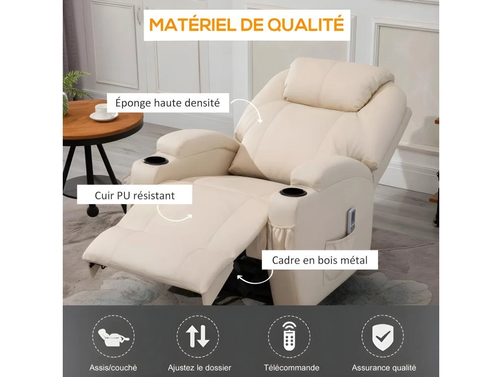 Fauteuil De Relaxation éléctrique Massant Inclinable CHARLOTTE Crème – Image 2