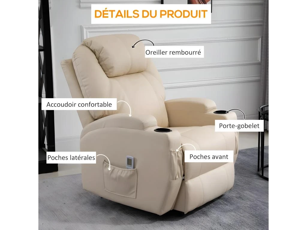 Fauteuil De Relaxation éléctrique Massant Inclinable CHARLOTTE Crème – Image 3