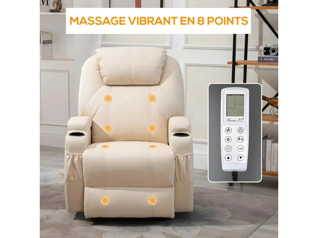 Fauteuil De Relaxation éléctrique Massant Inclinable CHARLOTTE Crème – Image 4