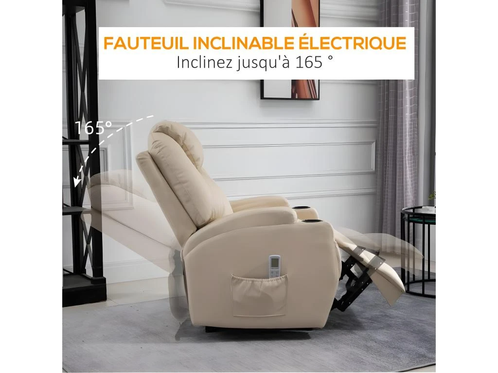 Fauteuil De Relaxation éléctrique Massant Inclinable CHARLOTTE Crème – Image 6