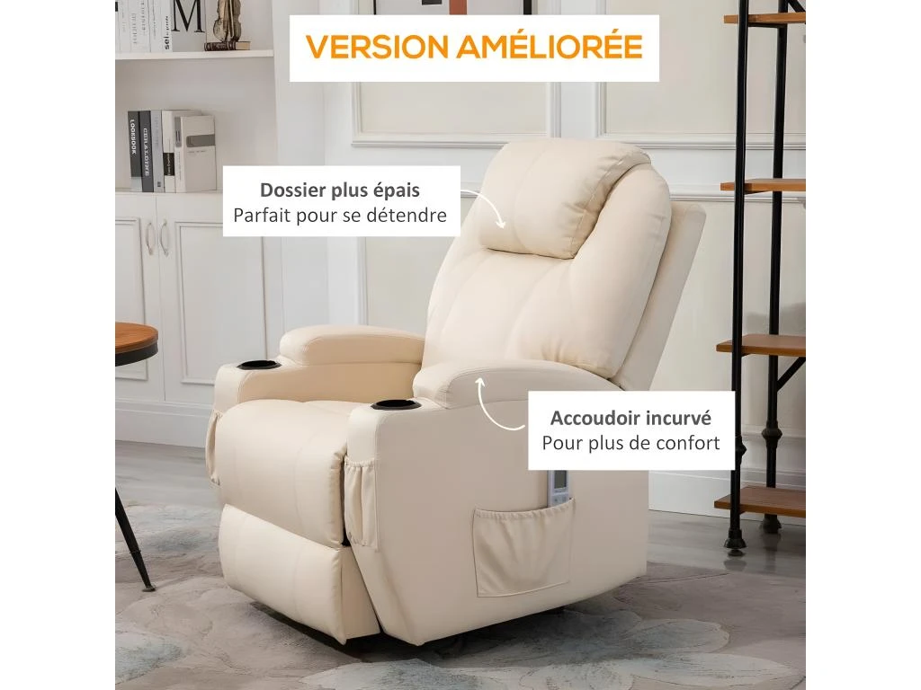 Fauteuil De Relaxation éléctrique Massant Inclinable CHARLOTTE Crème – Image 7