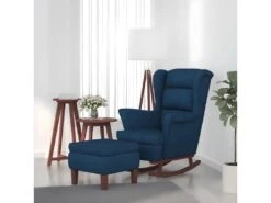 Chaise à Bascule Avec Pieds En Bois Et Tabouret Bleu Velours