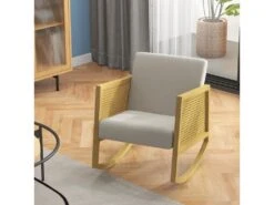 Fauteuil Lounge à Bascule Style BohÚme Chic - Accoudoirs Structure Bois Hévéa Rotin - Tissu Toucher Lin Gris Clair