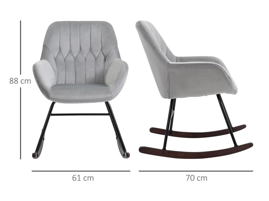 Fauteuil à Bascule Grand Confort Accoudoirs Assise Dossier Garnissage Mousse Haute Densité Velours Gris Clair – Image 3