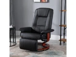 Fauteuil Relax Inclinable Repose-pieds Réglable Pivotant 360° Piètement Bois Revêtement PU Noir