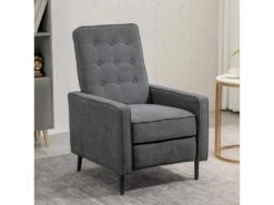 Fauteuil Inclinable Style Néo-rétro Dossier Capitonné 9 Boutons épais Garnissage Mousse Haute Densité Repose-pied Réglable Tissu Aspect Lin Gris