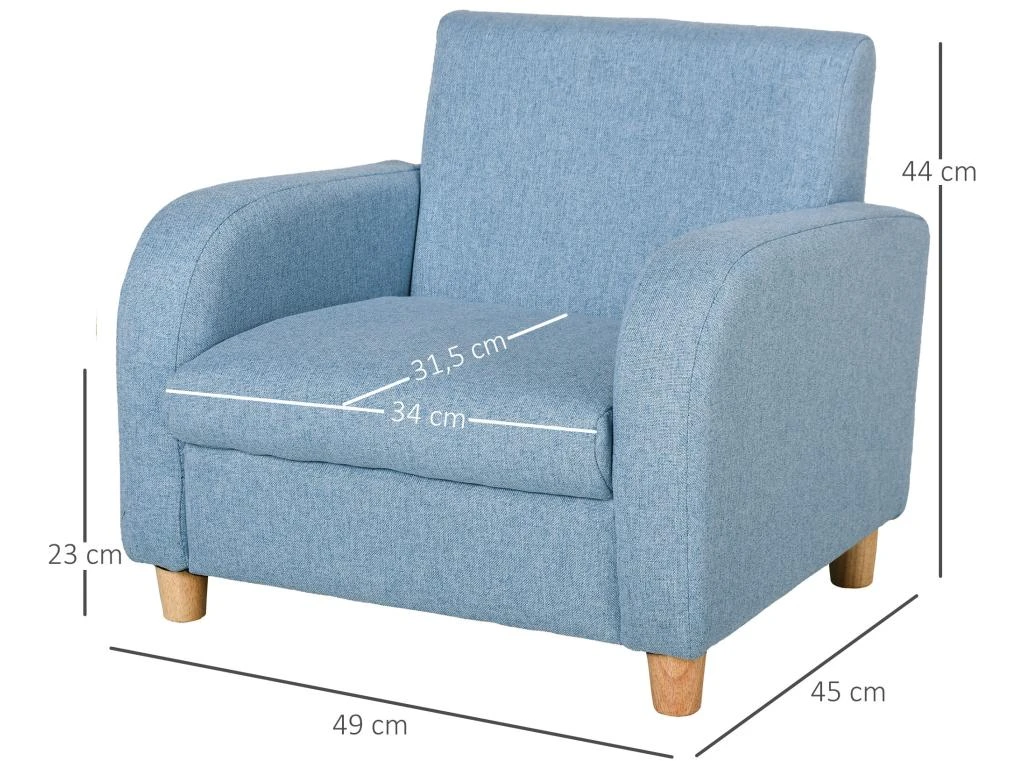 Fauteuil Enfant Design Scandinave Grand Confort Accoudoirs Assise Dossier Garnissage Mousse Haute Densité Piètement Bois Caoutchouc Lin Bleu – Image 3