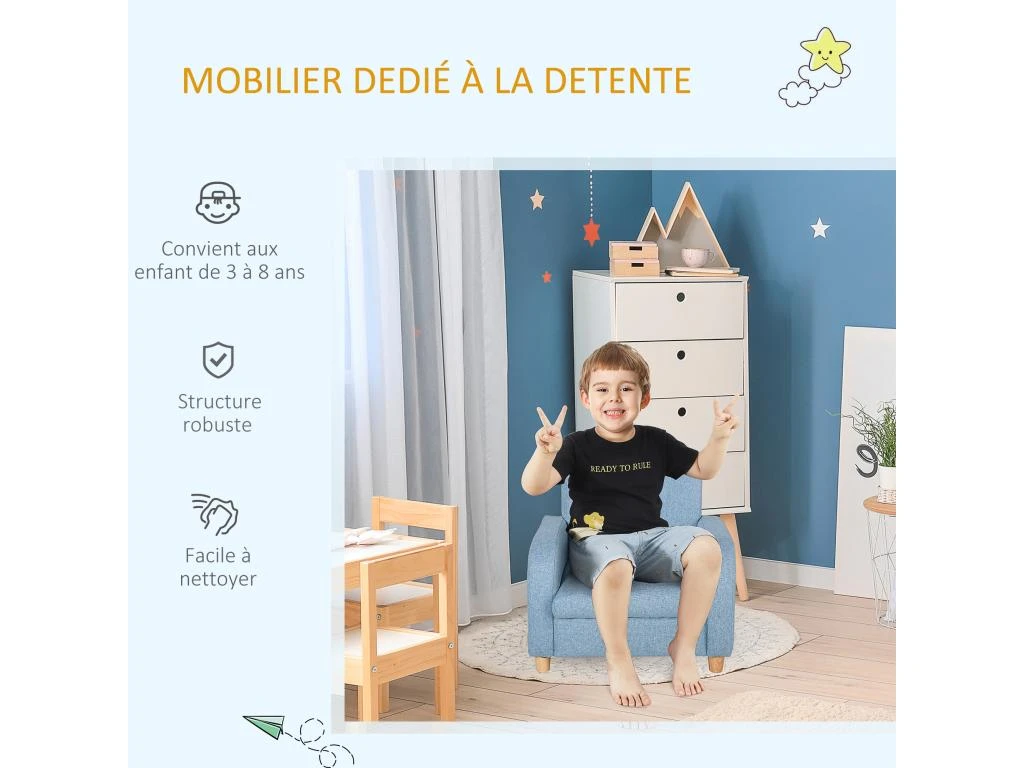 Fauteuil Enfant Design Scandinave Grand Confort Accoudoirs Assise Dossier Garnissage Mousse Haute Densité Piètement Bois Caoutchouc Lin Bleu – Image 4