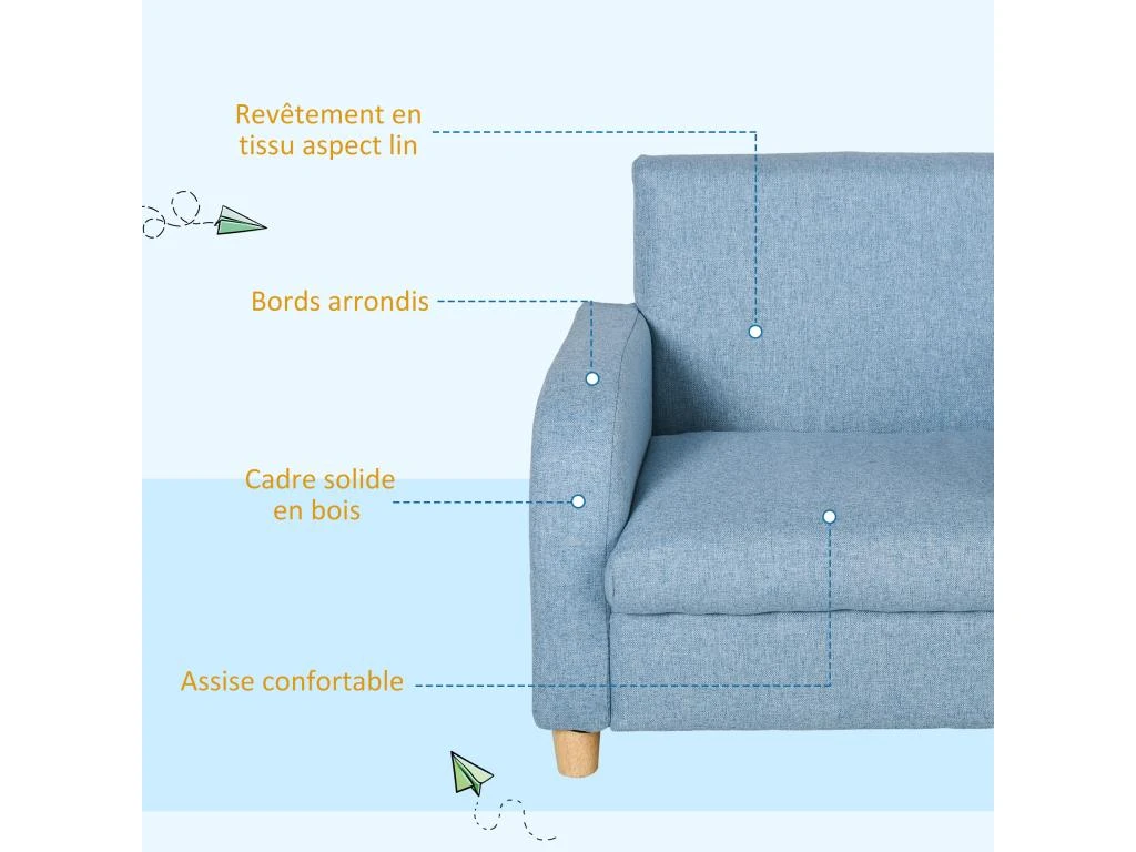 Fauteuil Enfant Design Scandinave Grand Confort Accoudoirs Assise Dossier Garnissage Mousse Haute Densité Piètement Bois Caoutchouc Lin Bleu – Image 5