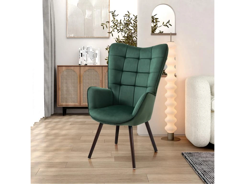 Fauteuil Scandinave Chaise De Canapé De Loisirs Rétro Pour Salon Salle à Manger Bureau Avec Un Revêtement En Velours, Accoudoirs Rembourés Et Des Pieds En Bois Massif, Vert, 66x71x110cm – Image 2