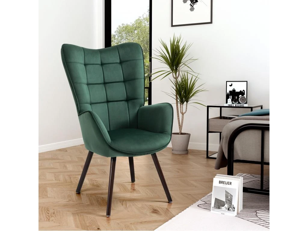 Fauteuil Scandinave Chaise De Canapé De Loisirs Rétro Pour Salon Salle à Manger Bureau Avec Un Revêtement En Velours, Accoudoirs Rembourés Et Des Pieds En Bois Massif, Vert, 66x71x110cm – Image 3
