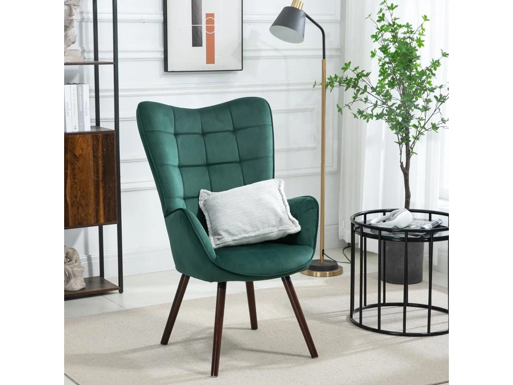 Fauteuil Scandinave Chaise De Canapé De Loisirs Rétro Pour Salon Salle à Manger Bureau Avec Un Revêtement En Velours, Accoudoirs Rembourés Et Des Pieds En Bois Massif, Vert, 66x71x110cm – Image 4