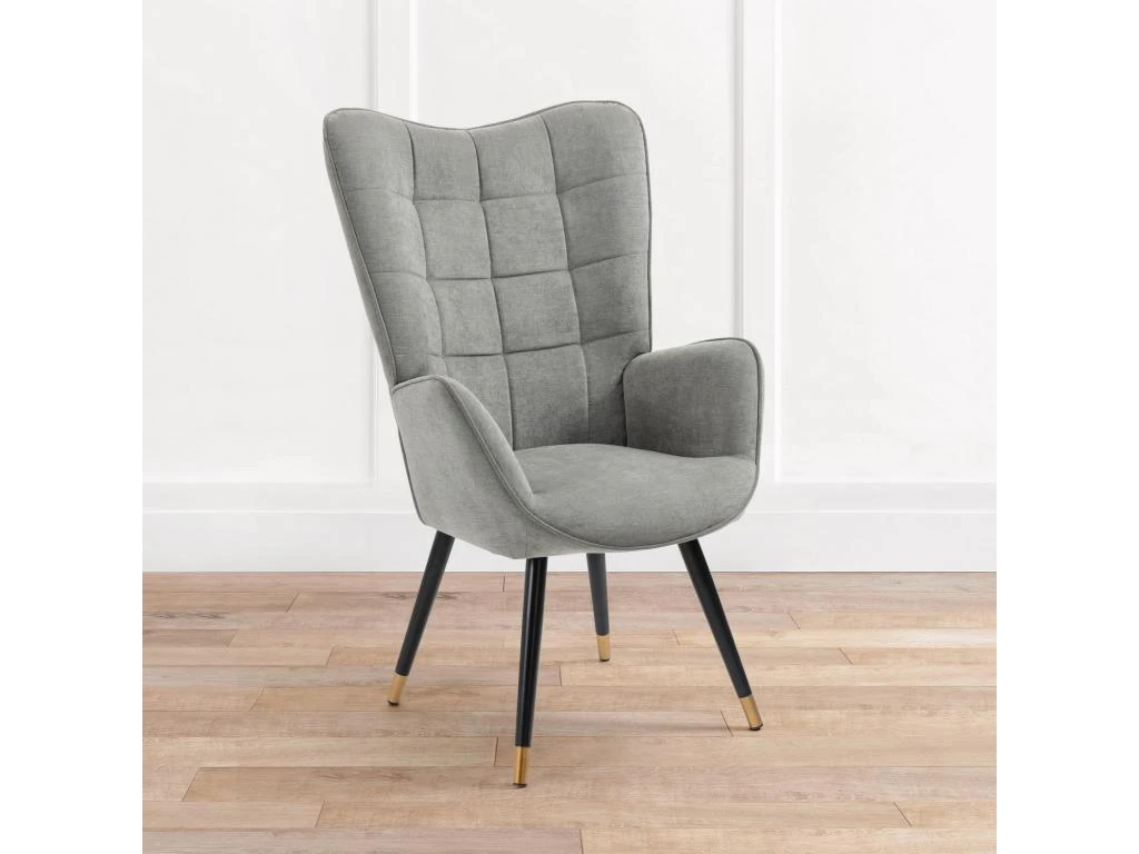 Fauteuil Scandinave Chaise De Canapé De Loisirs Pour Salon Salle à Manger Bureau Avec Un Revêtement En Tissu, Accoudoirs Rembourés Et Des Pieds En Métal Noir Et Or, Gris, 66x71x110cm
