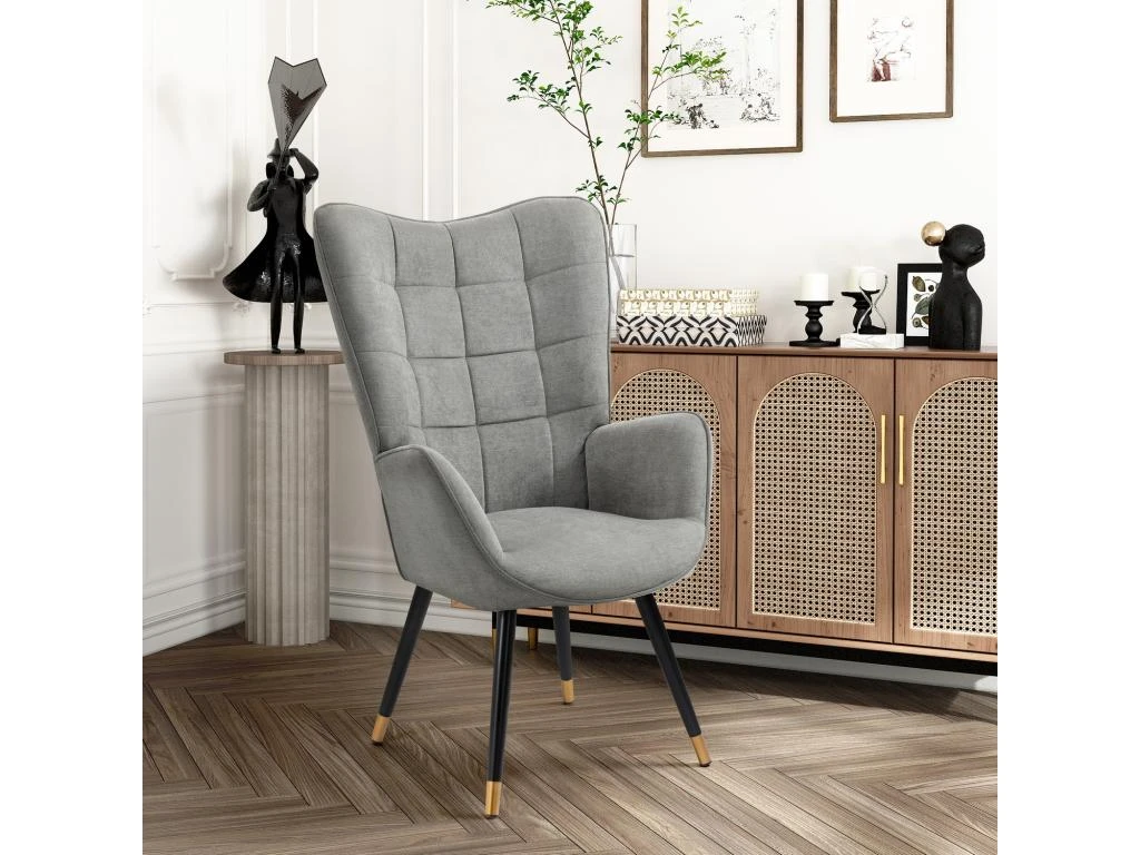 Fauteuil Scandinave Chaise De Canapé De Loisirs Pour Salon Salle à Manger Bureau Avec Un Revêtement En Tissu, Accoudoirs Rembourés Et Des Pieds En Métal Noir Et Or, Gris, 66x71x110cm – Image 2