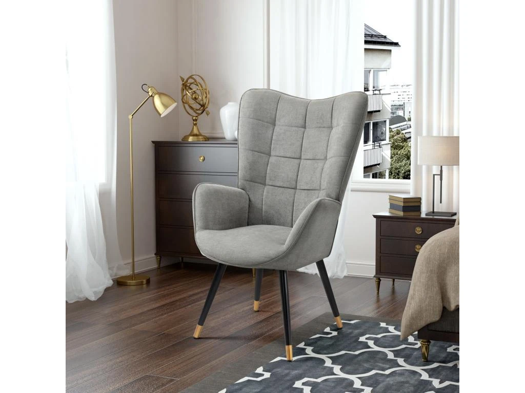 Fauteuil Scandinave Chaise De Canapé De Loisirs Pour Salon Salle à Manger Bureau Avec Un Revêtement En Tissu, Accoudoirs Rembourés Et Des Pieds En Métal Noir Et Or, Gris, 66x71x110cm – Image 3