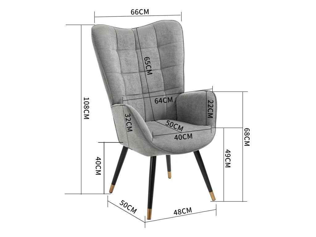 Fauteuil Scandinave Chaise De Canapé De Loisirs Pour Salon Salle à Manger Bureau Avec Un Revêtement En Tissu, Accoudoirs Rembourés Et Des Pieds En Métal Noir Et Or, Gris, 66x71x110cm – Image 5