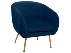 Fauteuil En Velours Bleu Plissé Et Pieds En Métal Doré