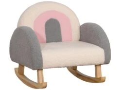 Fauteuil Enfant Lounge à Bascule - Dossier Incliné, Accoudoirs - Revêtement Effet Peau De Mouton Polyester - Bois Eucalyptus Beige Rose Gris