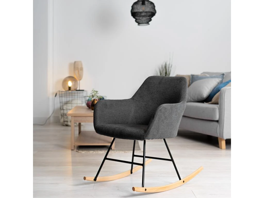 Fauteuil à Bascule Pieds En Bois D'hévéa, Chaise Relax Berçante, Imitation Lin épais, Capacité De Charge 120 Kg, Pour Salon Chambre Balcon, Gris Foncé, Style Scandinave, 54.5 X 58 X 76 Cm – Image 2