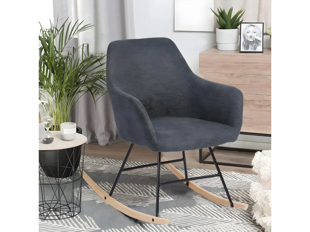 Fauteuil à Bascule Pieds En Bois D'hévéa, Chaise Relax Berçante, Imitation Lin épais, Capacité De Charge 120 Kg, Pour Salon Chambre Balcon, Gris Foncé, Style Scandinave, 54.5 X 58 X 76 Cm – Image 3
