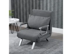 Fauteuil Chauffeuse Canapé-lit Convertible 1 Place Déhoussable Grand Confort Coussin Pieds Accoudoirs Métal Suède Gris