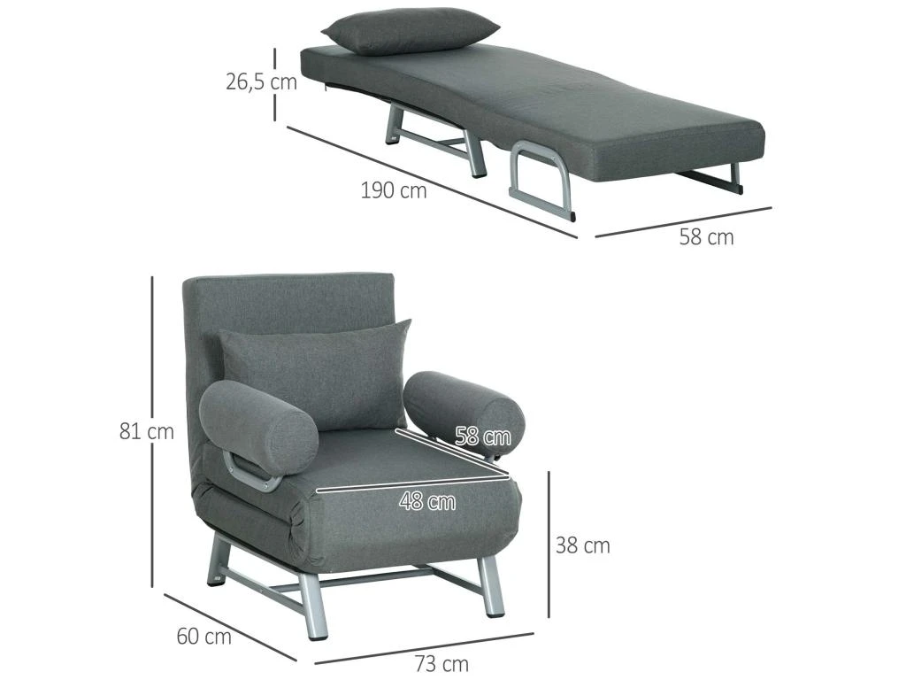 Fauteuil Chauffeuse Canapé-lit Convertible Inclinable 1 Place Grand Confort Coussin Lombaires Accoudoirs Piètement Métal Lin Gris Foncé – Image 3