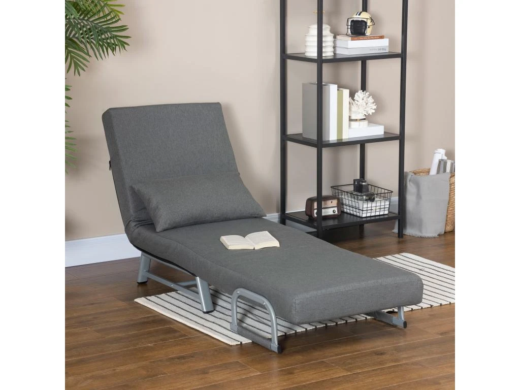 Fauteuil Chauffeuse Canapé-lit Convertible Inclinable 1 Place Grand Confort Coussin Lombaires Accoudoirs Piètement Métal Lin Gris Foncé – Image 4