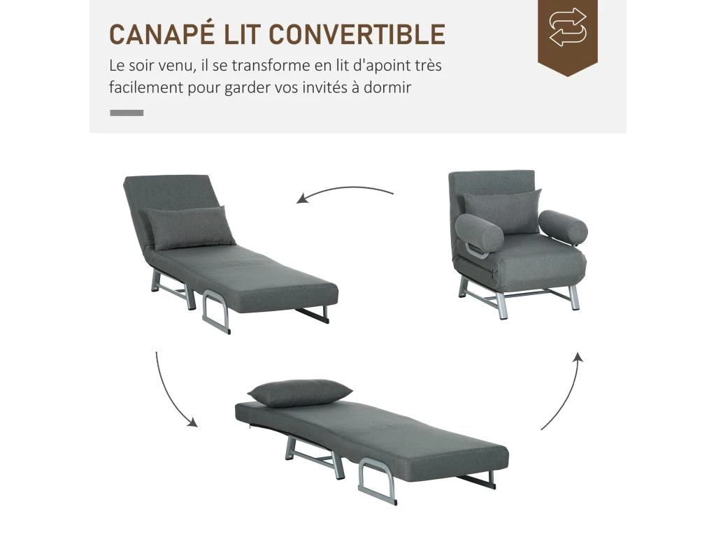 Fauteuil Chauffeuse Canapé-lit Convertible Inclinable 1 Place Grand Confort Coussin Lombaires Accoudoirs Piètement Métal Lin Gris Foncé – Image 5
