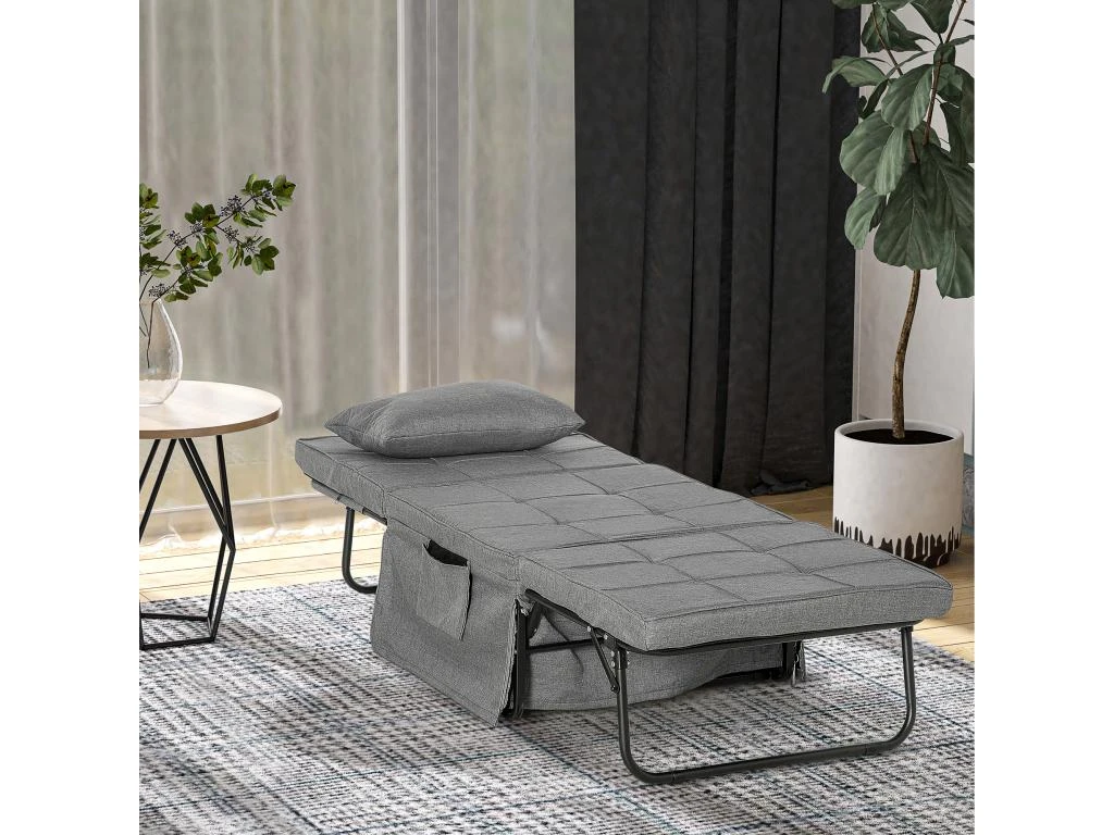 Fauteuil Relax Canapé Pouf Lit D'appoint 4 En 1 Dossier Inclinable 5 Niveaux Repose-pied Rabattable Châssis Acier Noir Polyester Gris