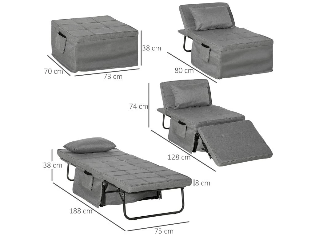 Fauteuil Relax Canapé Pouf Lit D'appoint 4 En 1 Dossier Inclinable 5 Niveaux Repose-pied Rabattable Châssis Acier Noir Polyester Gris – Image 3