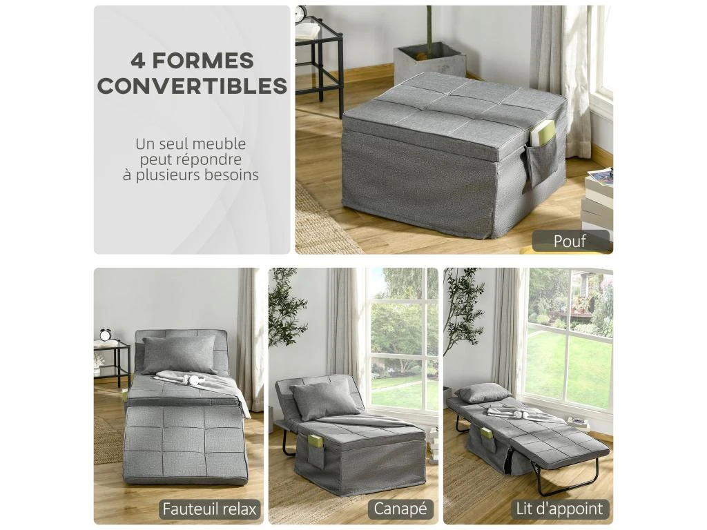 Fauteuil Relax Canapé Pouf Lit D'appoint 4 En 1 Dossier Inclinable 5 Niveaux Repose-pied Rabattable Châssis Acier Noir Polyester Gris – Image 5