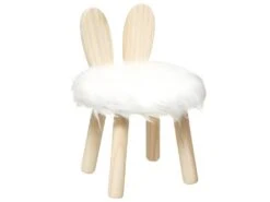 Tabouret Pour Enfant Lapin En Bois Et Fourrure Blanche H 38 Cm