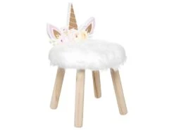 Tabouret Pour Enfant Licorne En Bois Et Fourrure Blanche H 40 Cm